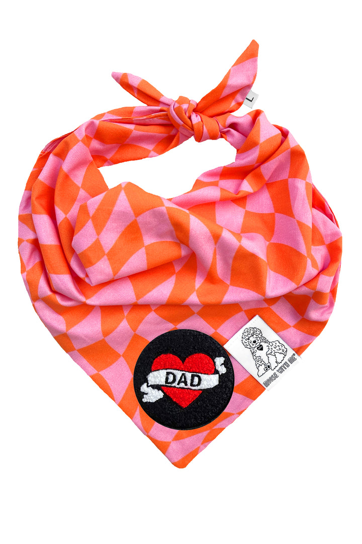 Dog Bandana Checkered Swirl - Pink - Customize by adding Interchangeable Velcro Embroidered Patches