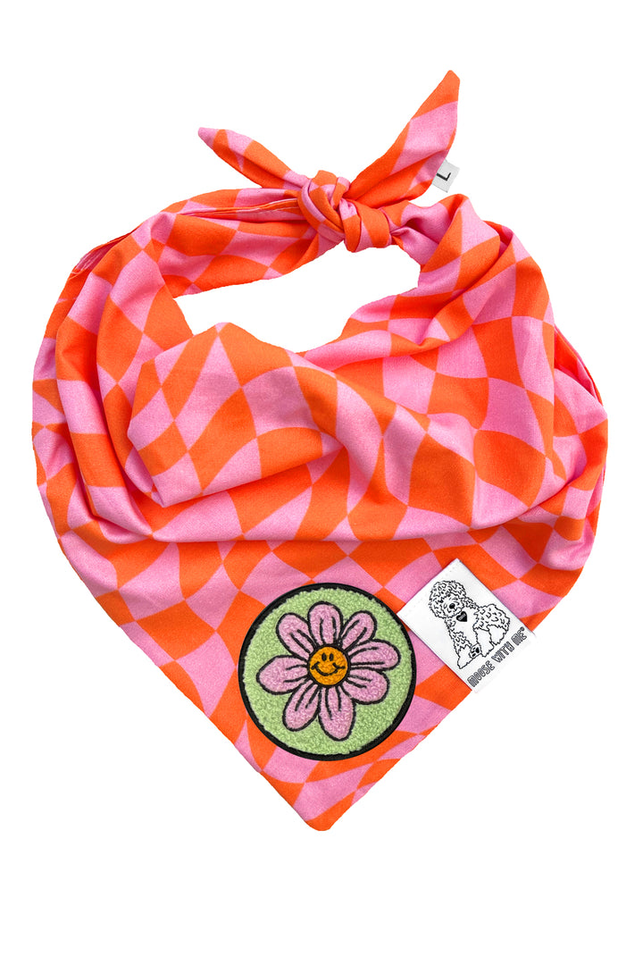 Dog Bandana Checkered Swirl - Pink - Customize by adding Interchangeable Velcro Embroidered Patches