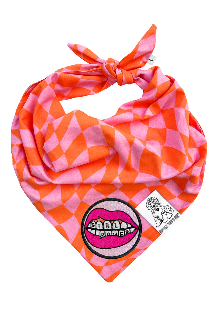 Dog Bandana Checkered Swirl - Pink - Customize by adding Interchangeable Velcro Embroidered Patches
