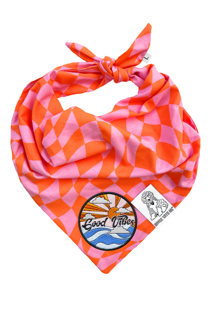 Dog Bandana Checkered Swirl - Pink - Customize by adding Interchangeable Velcro Embroidered Patches