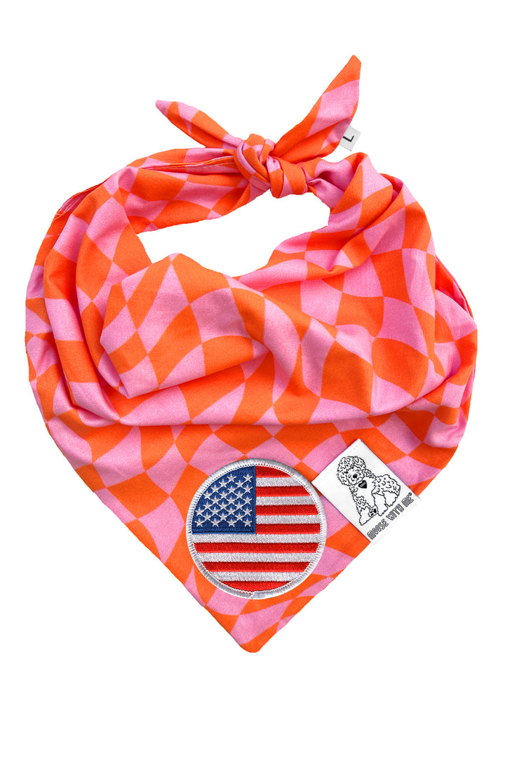 Dog Bandana Checkered Swirl - Pink - Customize by adding Interchangeable Velcro Embroidered Patches