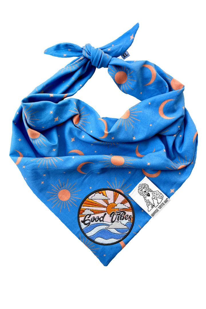 Dog Bandana Sun, Moon and Stars - Blue - Customize by adding Interchangeable Velcro Embroidered Patches