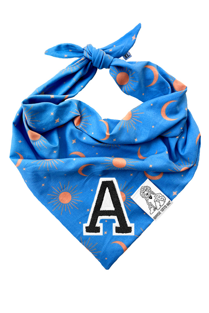 Dog Bandana Sun, Moon and Stars - Blue - Customize by adding Interchangeable Velcro Embroidered Patches