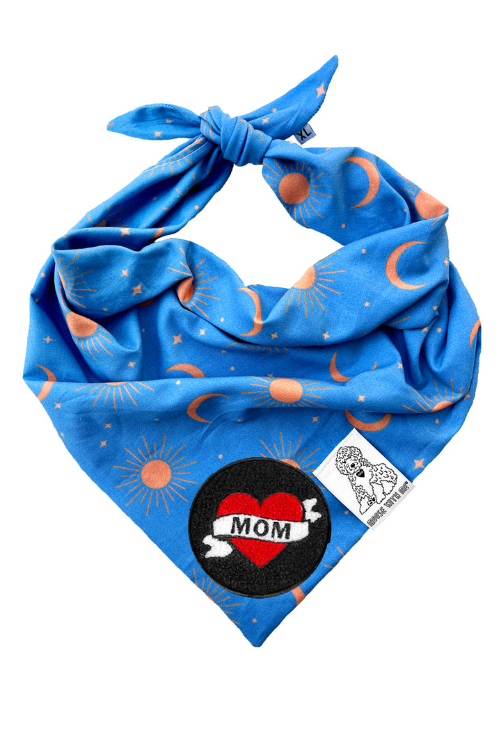 Dog Bandana Sun, Moon and Stars - Blue - Customize by adding Interchangeable Velcro Embroidered Patches