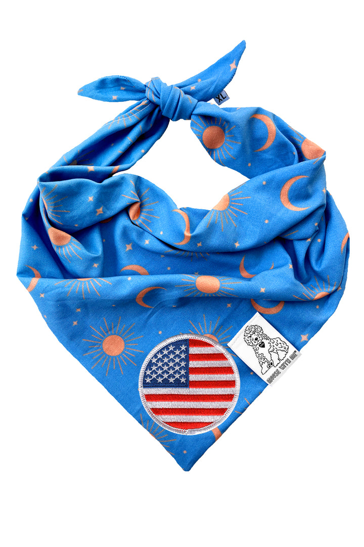 Dog Bandana Sun, Moon and Stars - Blue - Customize by adding Interchangeable Velcro Embroidered Patches