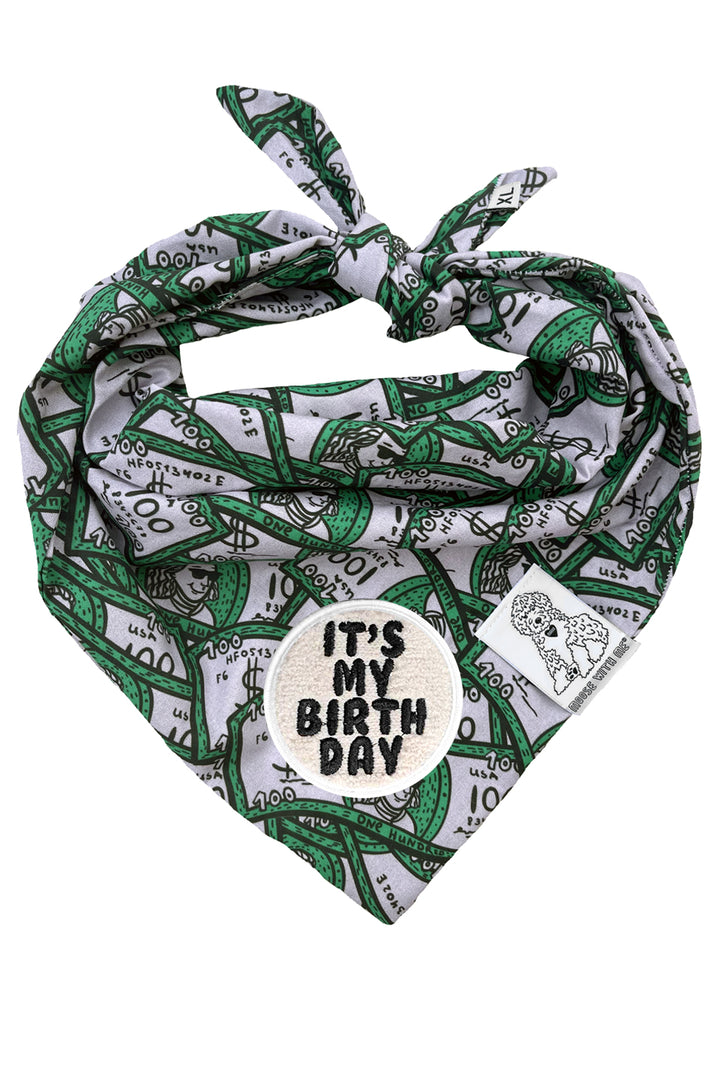 Dog Bandana 100 Dollar Bills - Green - Customize by adding Interchangeable Velcro Embroidered Patches