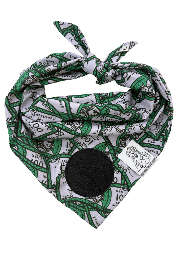 Dog Bandana 100 Dollar Bills - Green - Customize by adding Interchangeable Velcro Embroidered Patches