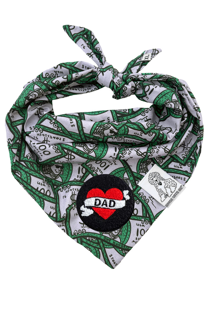 Dog Bandana 100 Dollar Bills - Green - Customize by adding Interchangeable Velcro Embroidered Patches