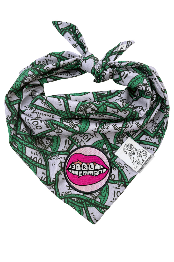 Dog Bandana 100 Dollar Bills - Green - Customize by adding Interchangeable Velcro Embroidered Patches