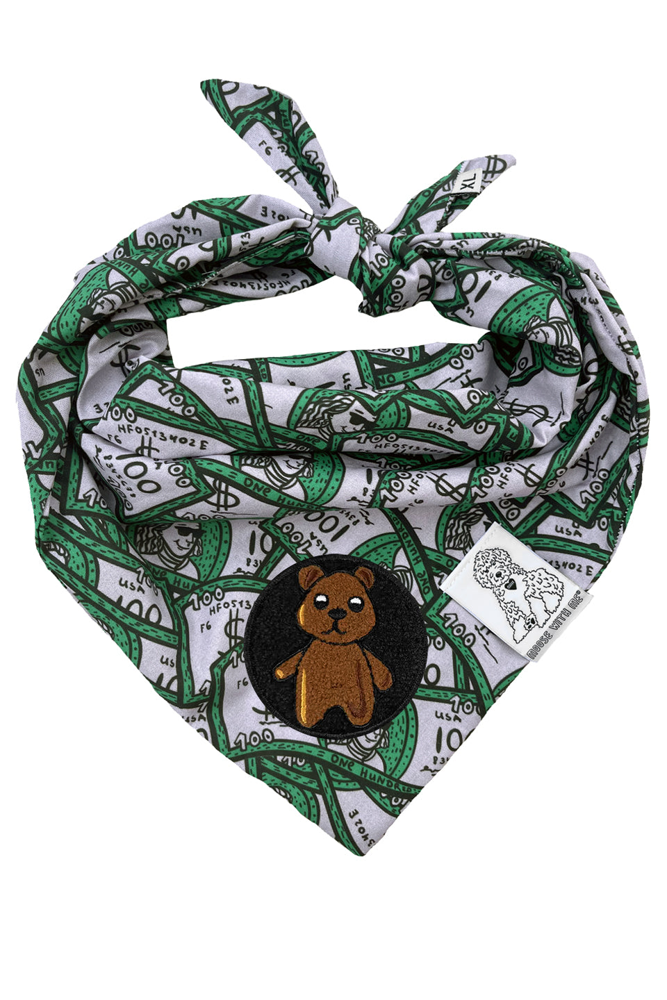 Dog Bandana 100 Dollar Bills - Green - Customize by adding Interchangeable Velcro Embroidered Patches