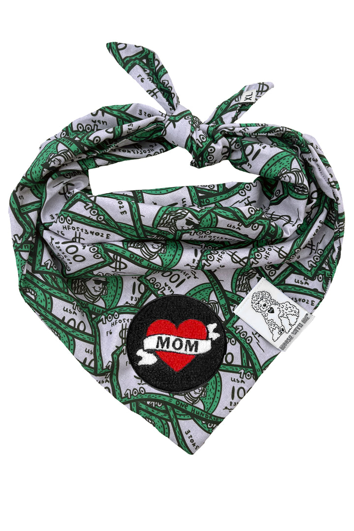 Dog Bandana 100 Dollar Bills - Green - Customize by adding Interchangeable Velcro Embroidered Patches