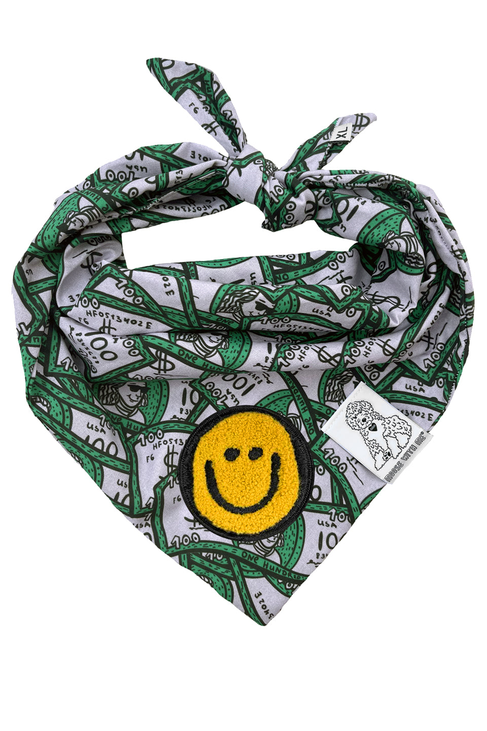 Dog Bandana 100 Dollar Bills - Green - Customize by adding Interchangeable Velcro Embroidered Patches