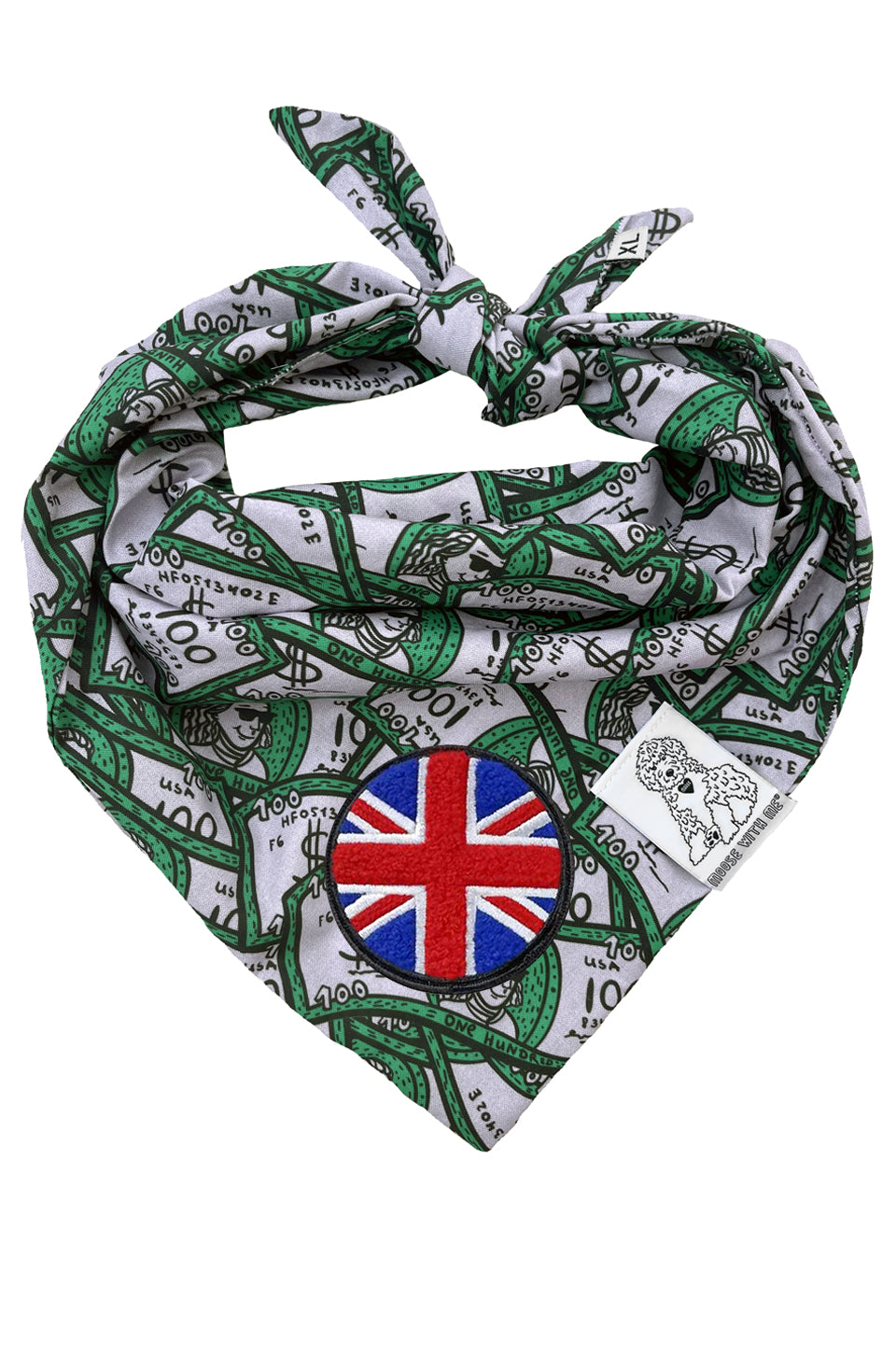 Dog Bandana 100 Dollar Bills - Green - Customize by adding Interchangeable Velcro Embroidered Patches