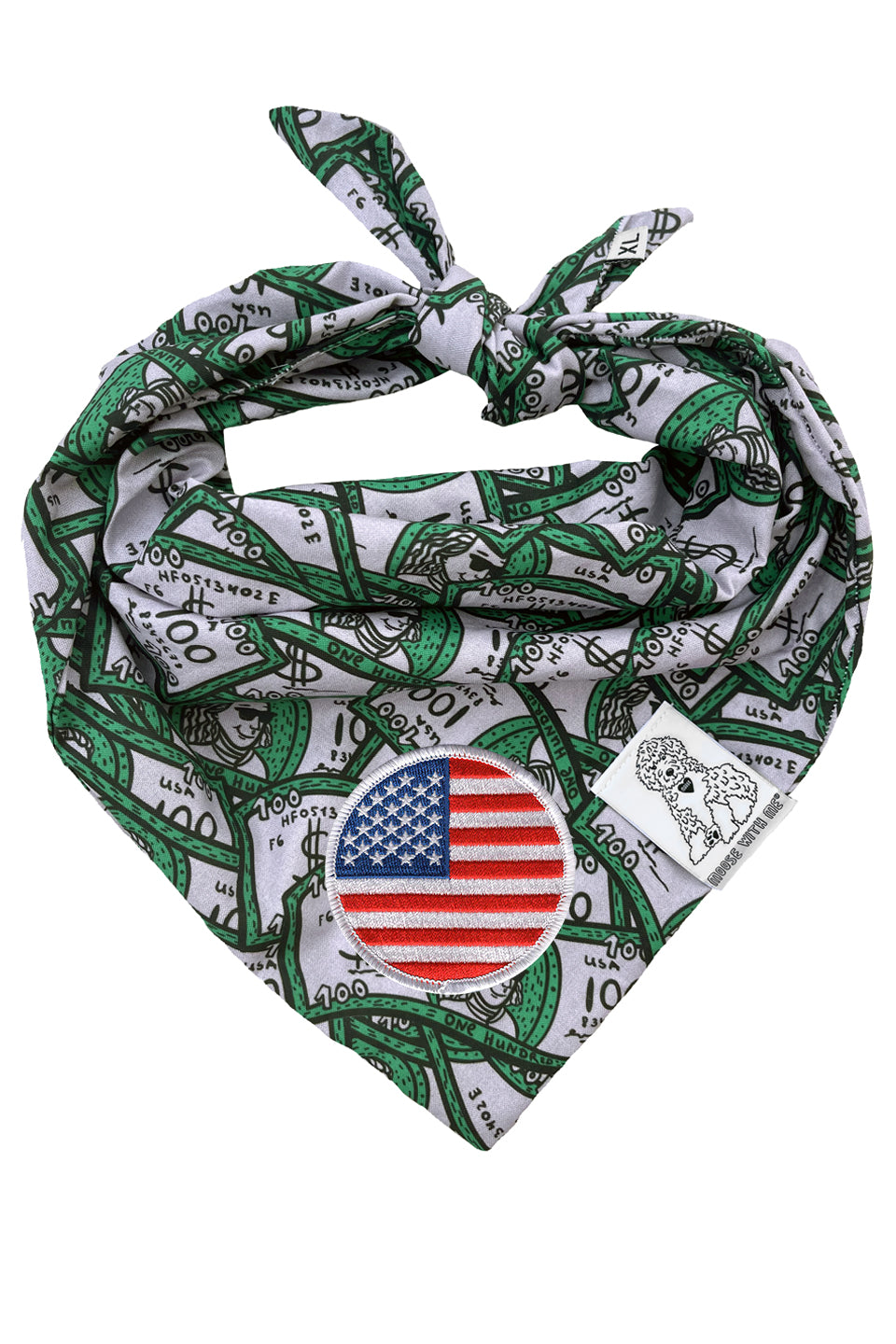 Dog Bandana 100 Dollar Bills - Green - Customize by adding Interchangeable Velcro Embroidered Patches