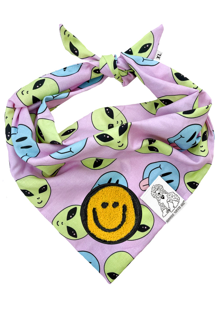 Dog Bandana Alien and Smiley Face - Purple - Customize by adding Interchangeable Velcro Embroidered Patches