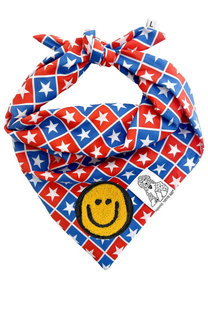 Dog Bandana Checkered Stars - Blue - Customize by adding Interchangeable Velcro Embroidered Patches