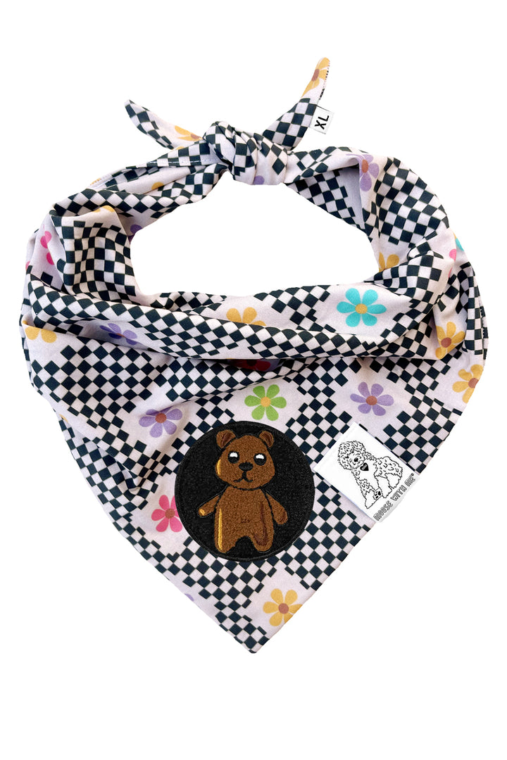 Dog Bandana Checkered Groovy Floral - Gray - Customize by adding Interchangeable Velcro Embroidered Patches