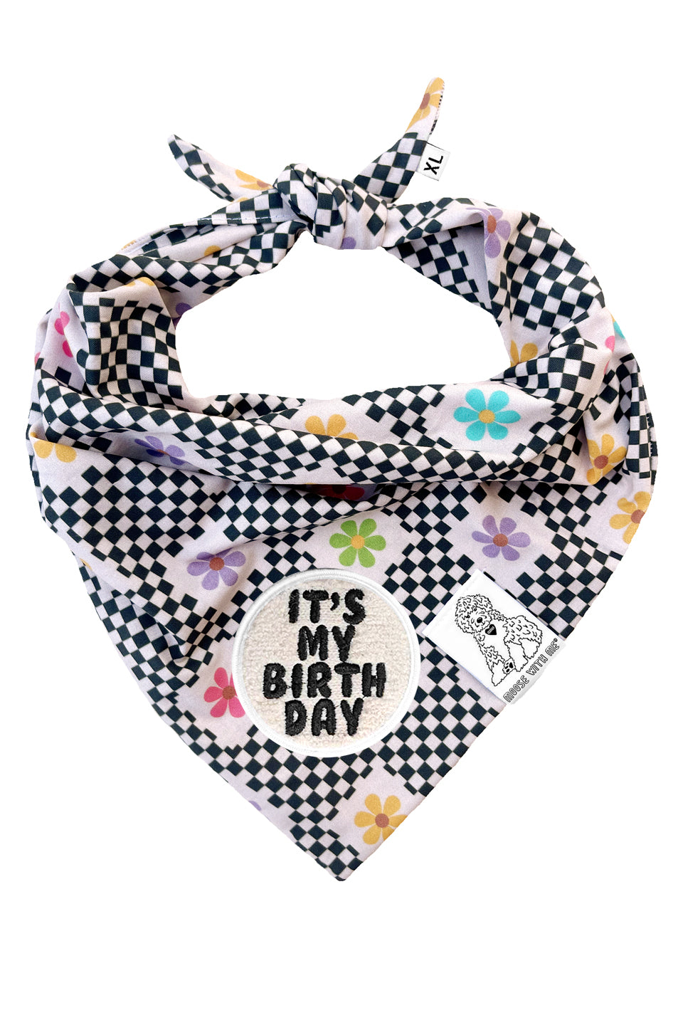 Dog Bandana Checkered Groovy Floral - Gray - Customize by adding Interchangeable Velcro Embroidered Patches