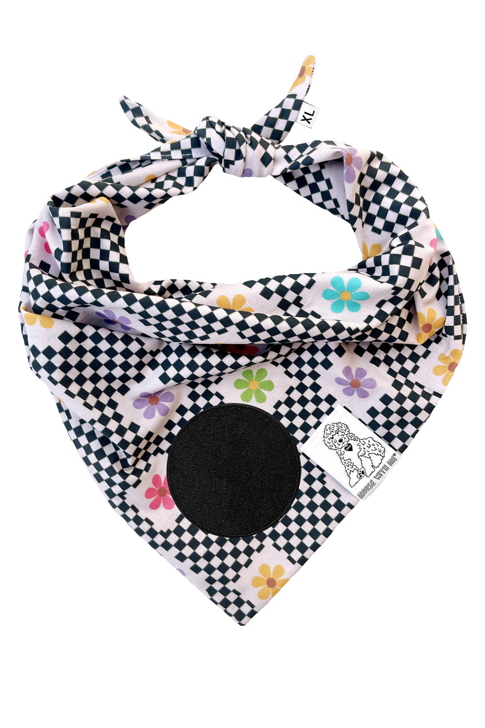 Dog Bandana Checkered Groovy Floral - Gray - Customize by adding Interchangeable Velcro Embroidered Patches