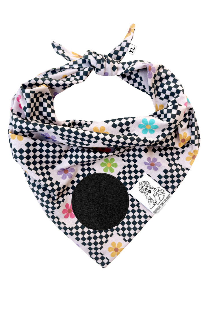 Dog Bandana Checkered Groovy Floral - Gray - Customize by adding Interchangeable Velcro Embroidered Patches