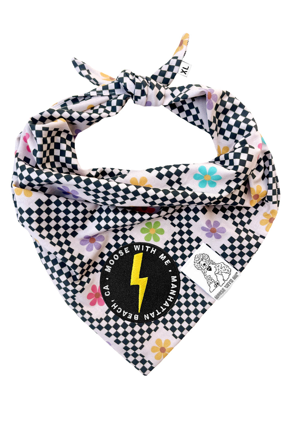 Dog Bandana Checkered Groovy Floral - Gray - Customize by adding Interchangeable Velcro Embroidered Patches