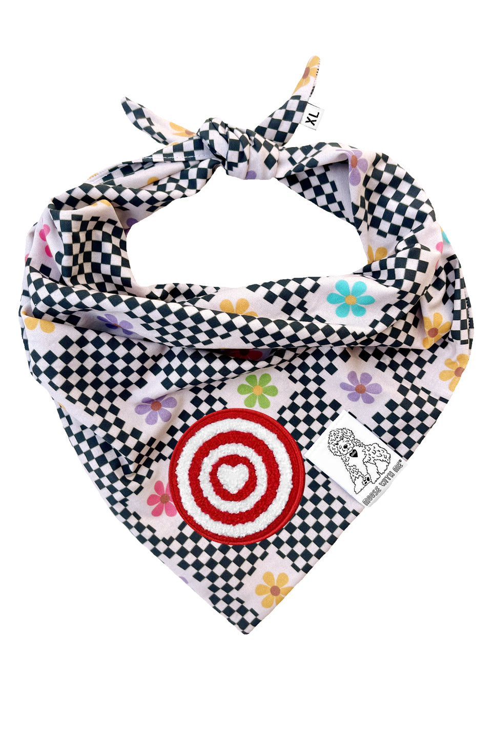 Dog Bandana Checkered Groovy Floral - Gray - Customize by adding Interchangeable Velcro Embroidered Patches
