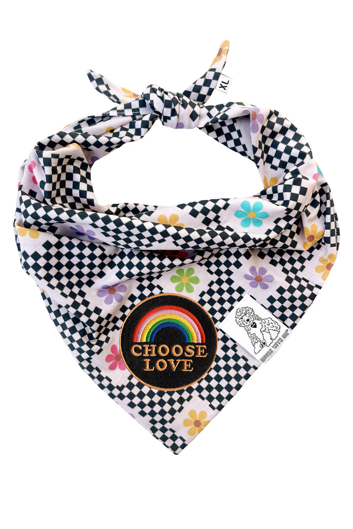 Dog Bandana Checkered Groovy Floral - Gray - Customize by adding Interchangeable Velcro Embroidered Patches