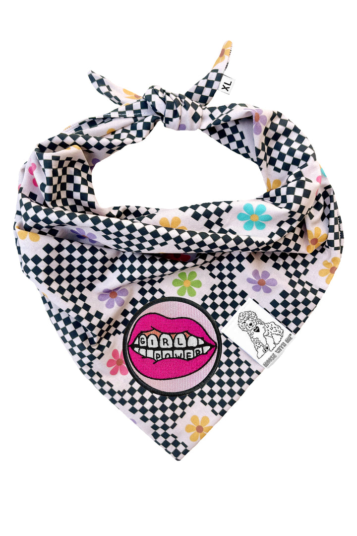 Dog Bandana Checkered Groovy Floral - Gray - Customize by adding Interchangeable Velcro Embroidered Patches