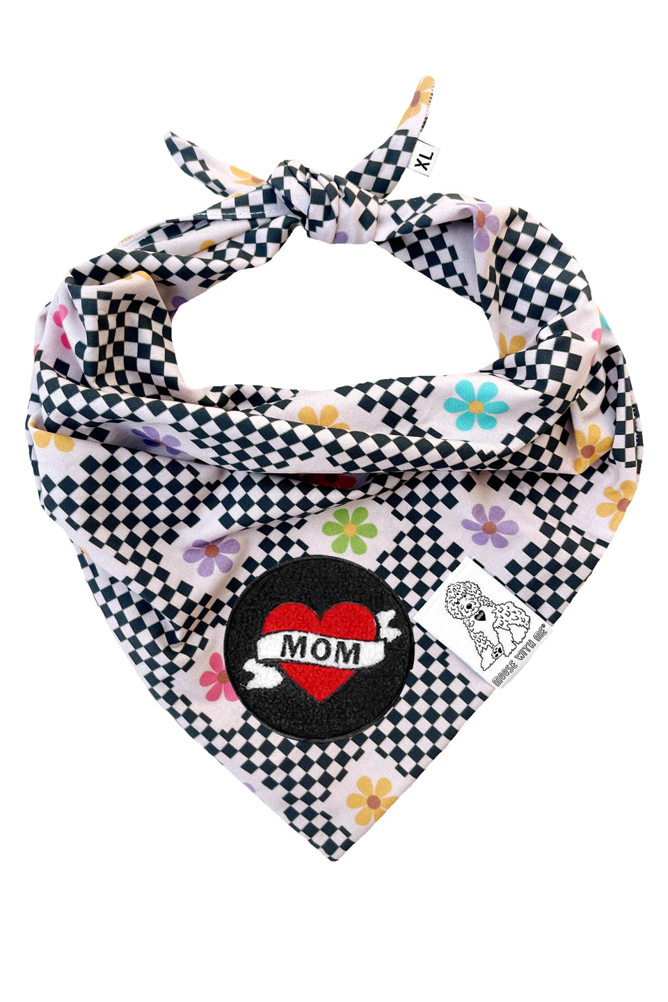 Dog Bandana Checkered Groovy Floral - Gray - Customize by adding Interchangeable Velcro Embroidered Patches