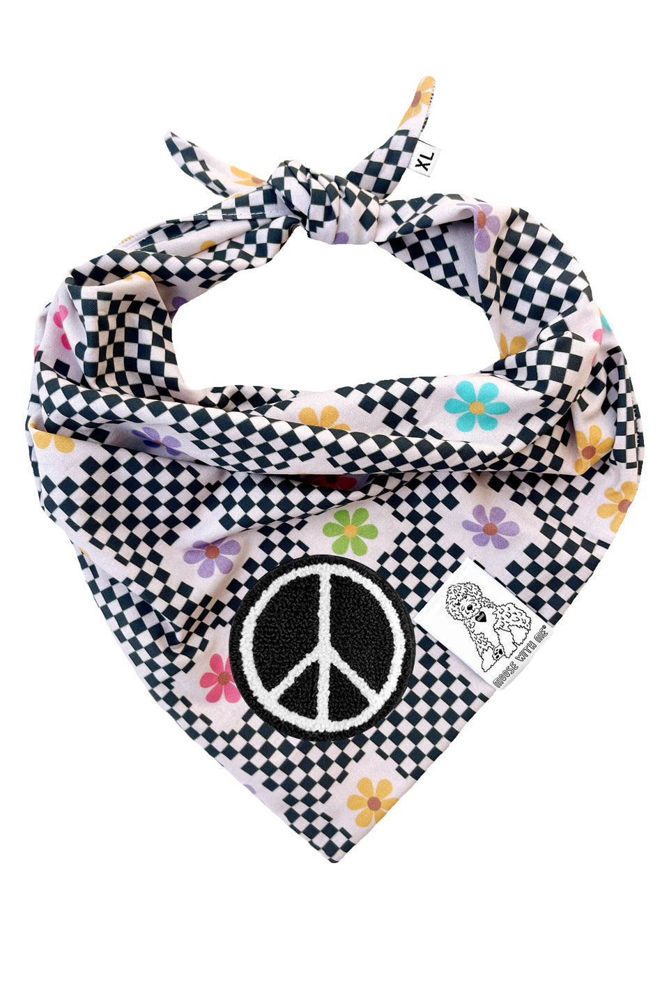 Dog Bandana Checkered Groovy Floral - Gray - Customize by adding Interchangeable Velcro Embroidered Patches