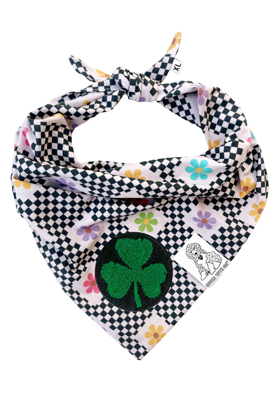 Dog Bandana Checkered Groovy Floral - Gray - Customize by adding Interchangeable Velcro Embroidered Patches