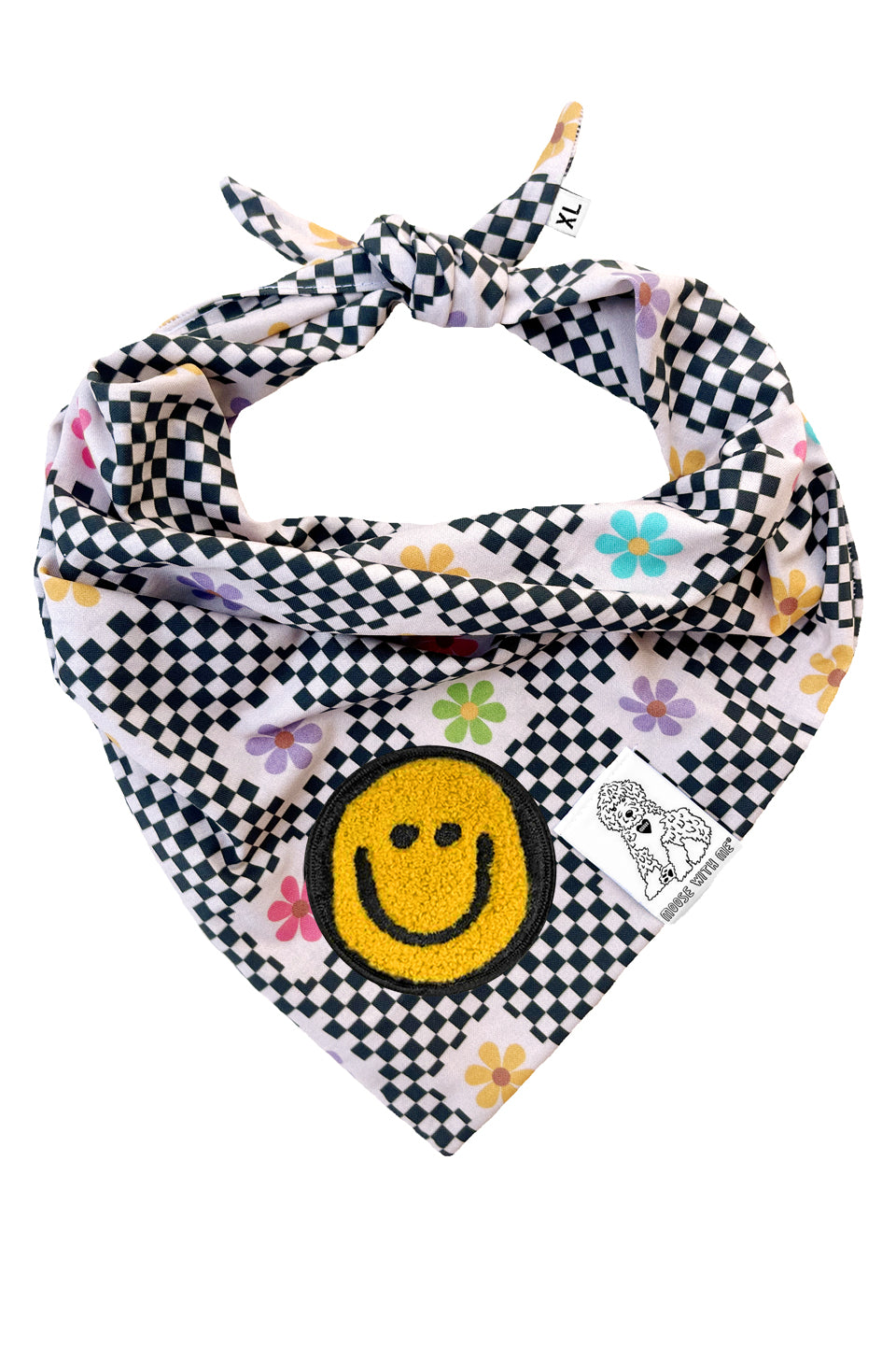 Dog Bandana Checkered Groovy Floral - Gray - Customize by adding Interchangeable Velcro Embroidered Patches
