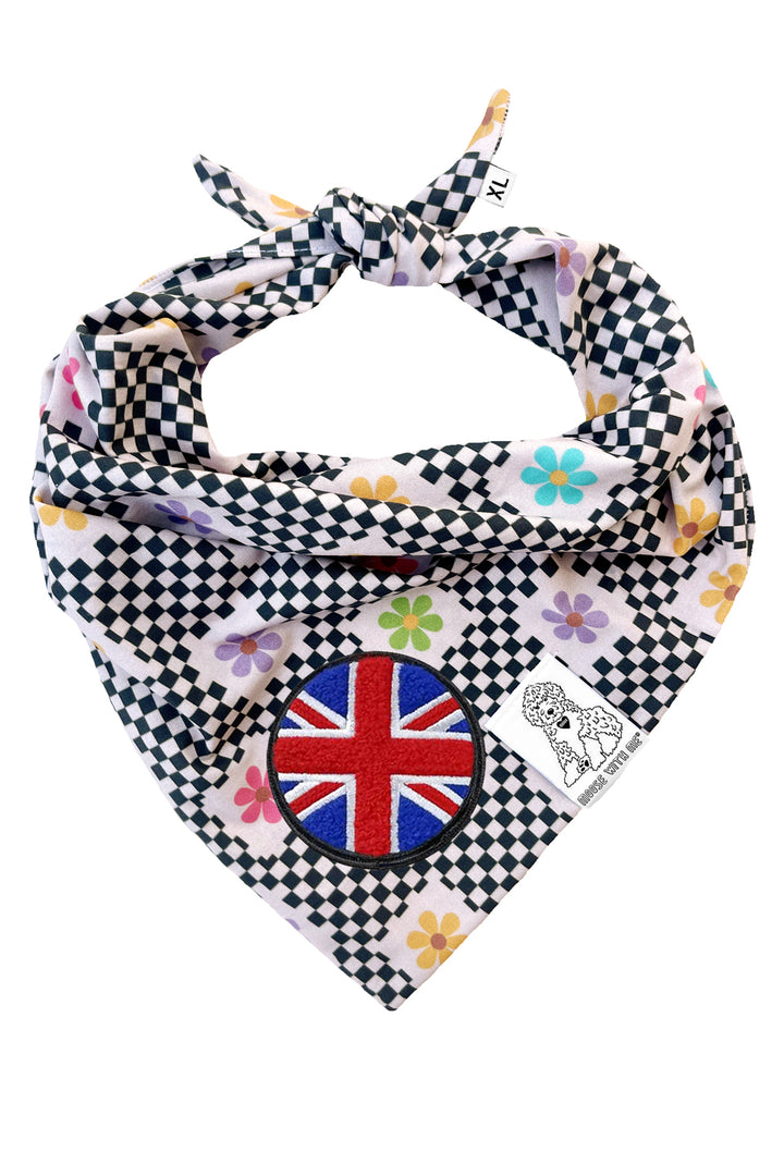 Dog Bandana Checkered Groovy Floral - Gray - Customize by adding Interchangeable Velcro Embroidered Patches