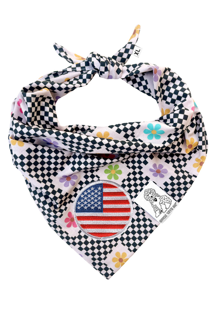 Dog Bandana Checkered Groovy Floral - Gray - Customize by adding Interchangeable Velcro Embroidered Patches