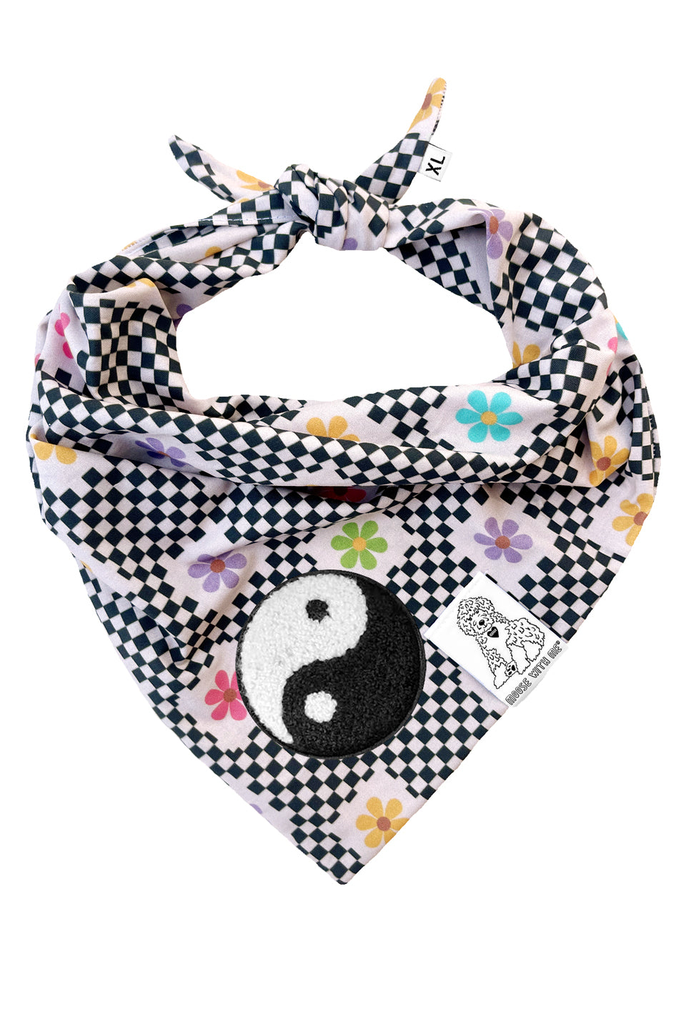 Dog Bandana Checkered Groovy Floral - Gray - Customize by adding Interchangeable Velcro Embroidered Patches