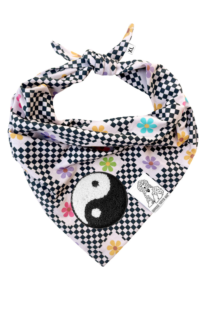 Dog Bandana Checkered Groovy Floral - Gray - Customize by adding Interchangeable Velcro Embroidered Patches
