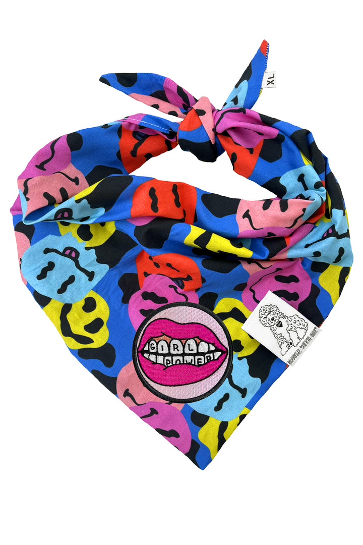 Dog Bandana Groovy Smiley Face - Blue - Customize by adding Interchangeable Velcro Embroidered Patches