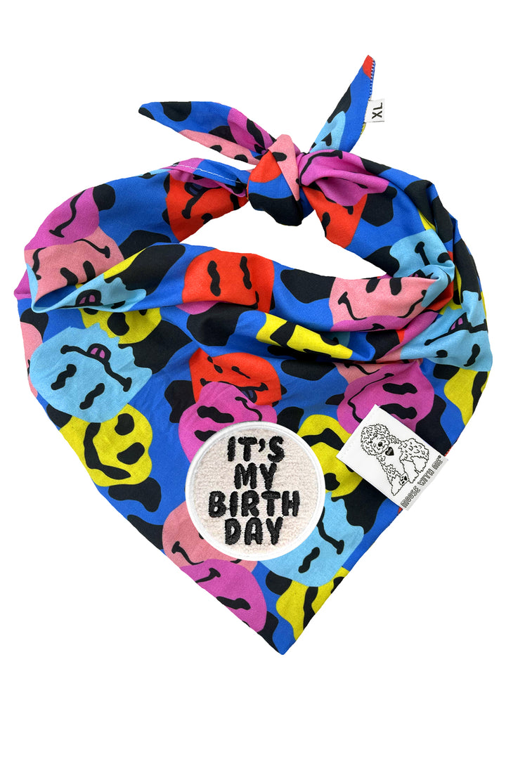 Dog Bandana Groovy Smiley Face - Blue - Customize by adding Interchangeable Velcro Embroidered Patches