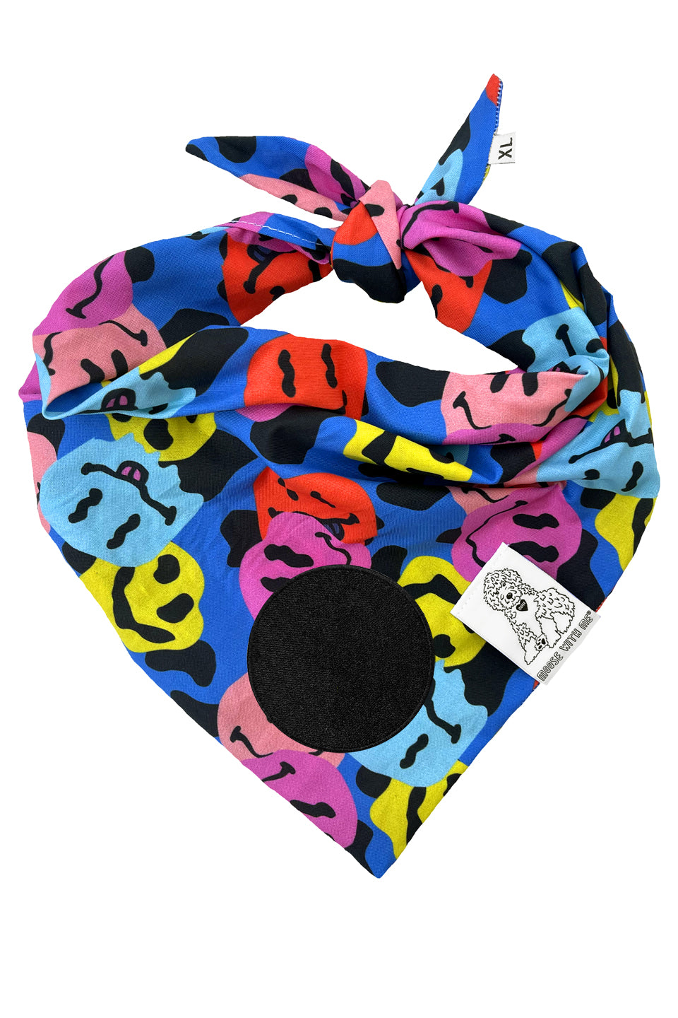 Dog Bandana Groovy Smiley Face - Blue - Customize by adding Interchangeable Velcro Embroidered Patches