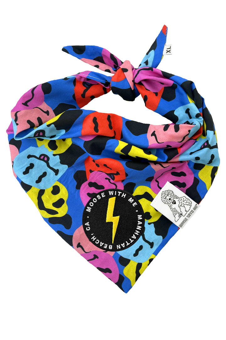 Dog Bandana Groovy Smiley Face - Blue - Customize by adding Interchangeable Velcro Embroidered Patches