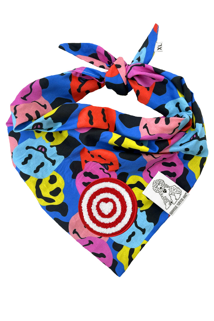 Dog Bandana Groovy Smiley Face - Blue - Customize by adding Interchangeable Velcro Embroidered Patches
