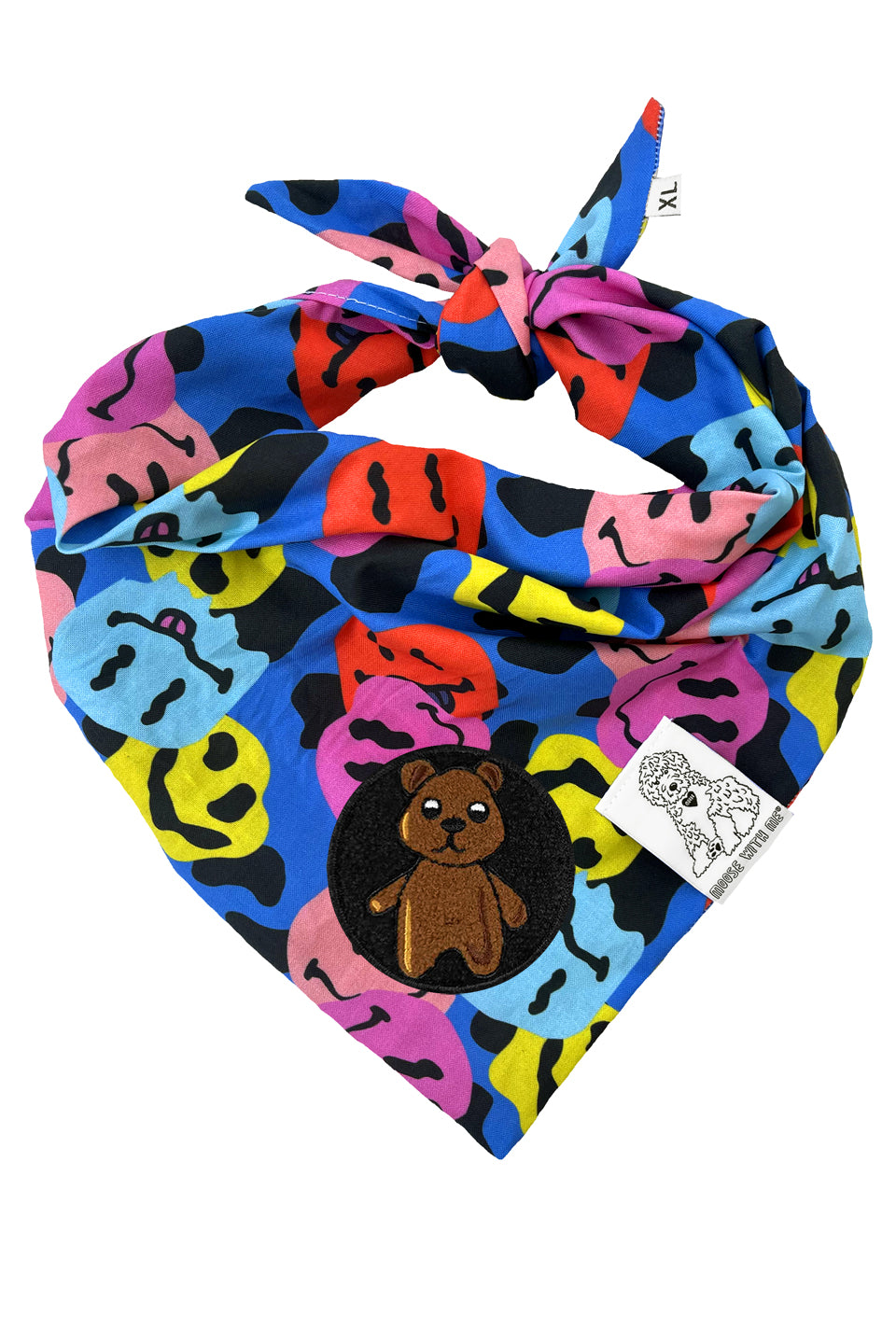 Dog Bandana Groovy Smiley Face - Blue - Customize by adding Interchangeable Velcro Embroidered Patches