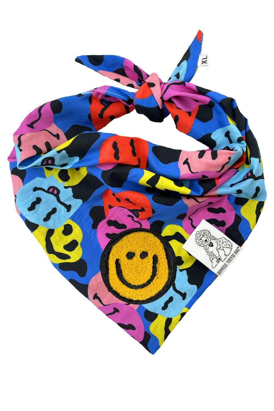 Dog Bandana Groovy Smiley Face - Blue - Customize by adding Interchangeable Velcro Embroidered Patches