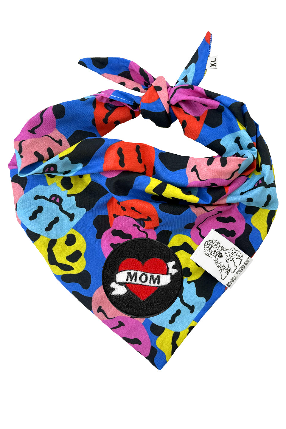 Dog Bandana Groovy Smiley Face - Blue - Customize by adding Interchangeable Velcro Embroidered Patches