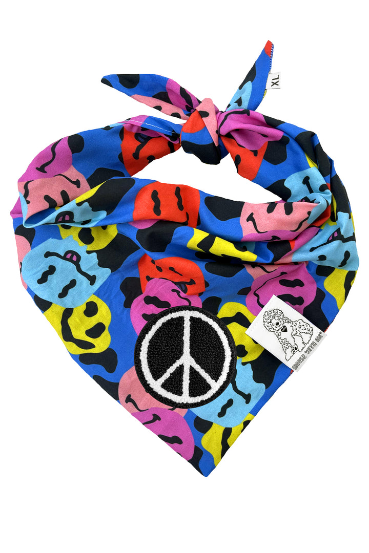Dog Bandana Groovy Smiley Face - Blue - Customize by adding Interchangeable Velcro Embroidered Patches