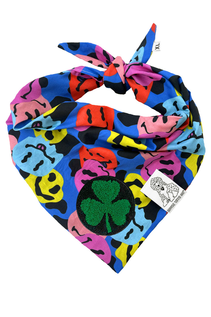 Dog Bandana Groovy Smiley Face - Blue - Customize by adding Interchangeable Velcro Embroidered Patches
