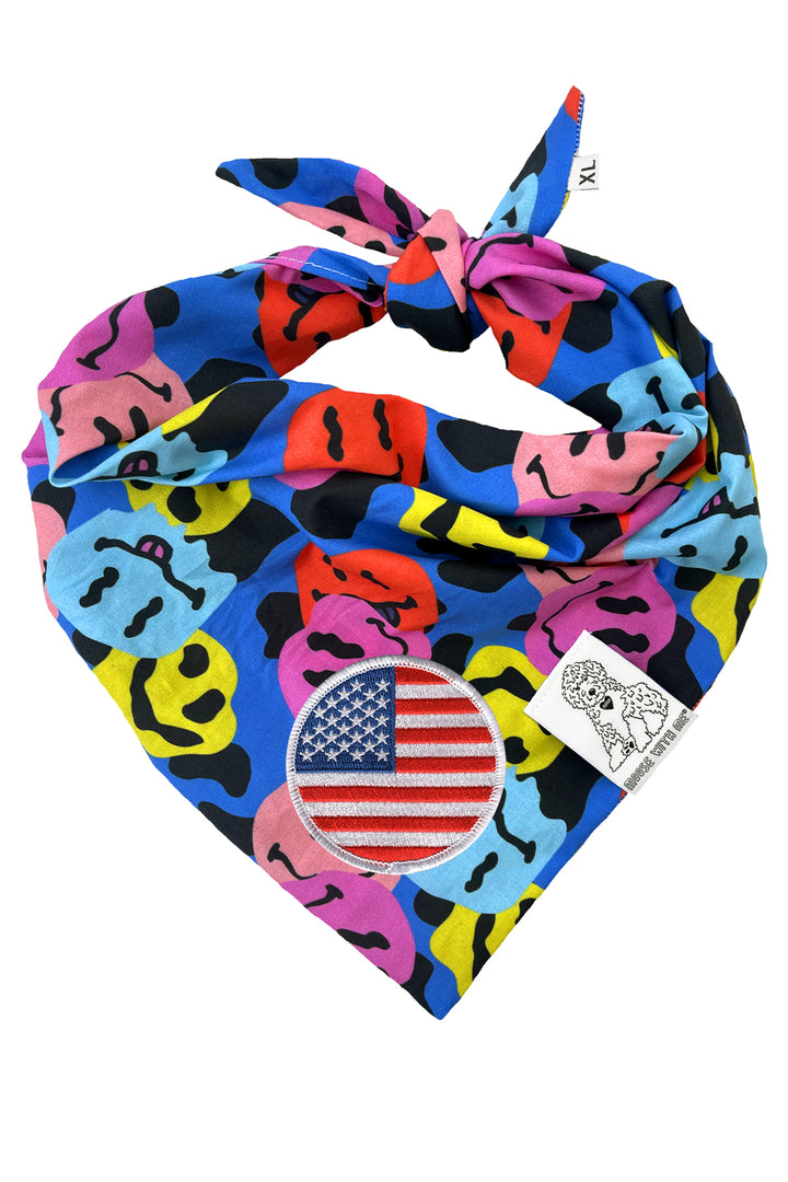 Dog Bandana Groovy Smiley Face - Blue - Customize by adding Interchangeable Velcro Embroidered Patches