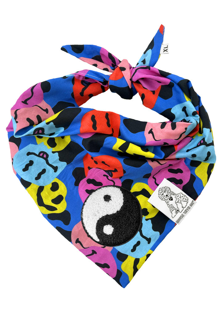 Dog Bandana Groovy Smiley Face - Blue - Customize by adding Interchangeable Velcro Embroidered Patches