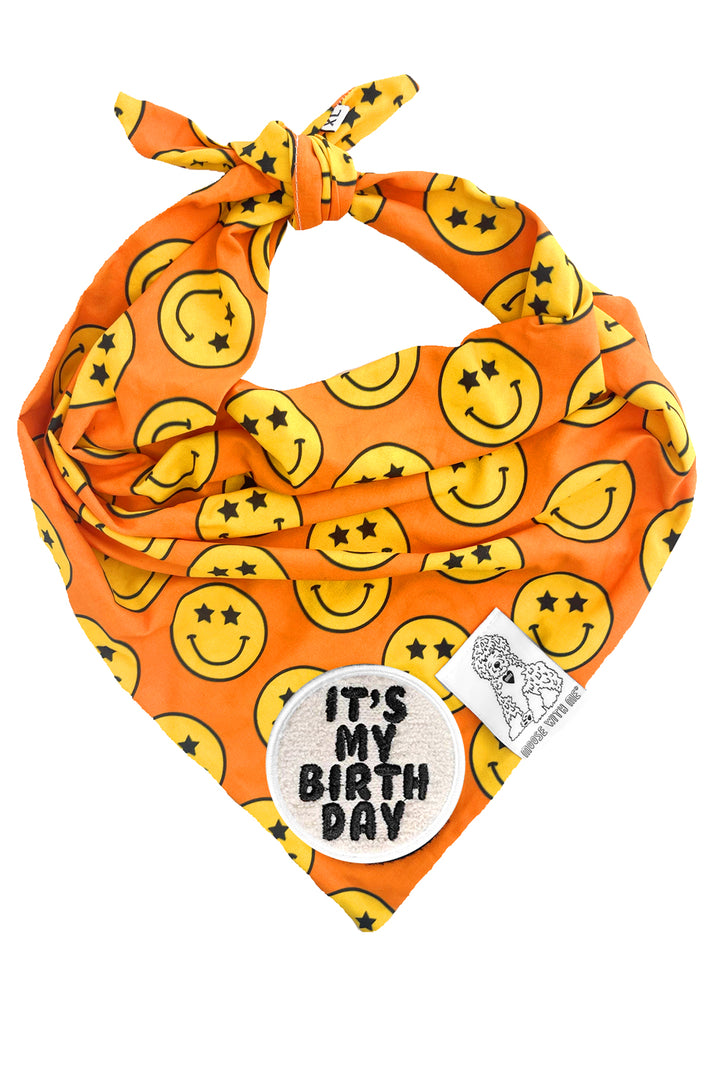 Dog Bandana Star Smiley Face - Orange - Customize by adding Interchangeable Velcro Embroidered Patches