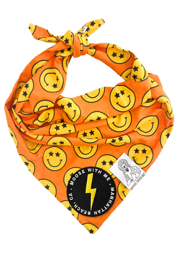 Dog Bandana Star Smiley Face - Orange - Customize by adding Interchangeable Velcro Embroidered Patches